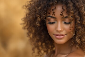 Fototapeta premium Close-up portrait of a woman with curly hair and natural makeup on a warm blurred background.