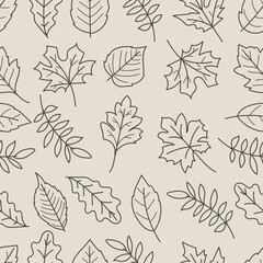 Seamless pattern of leaves in black line art isolated on brown background