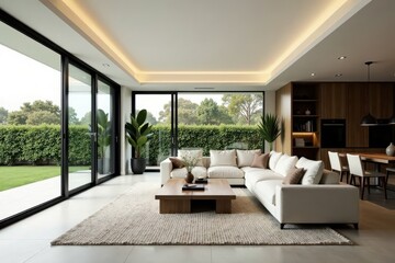 Naklejka premium Sleek Australian home, expansive open-plan layout, neutral palette, minimalist, decor