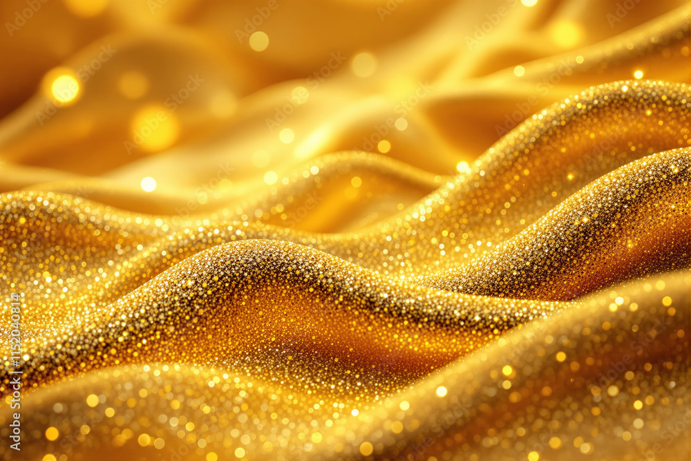 Poster golden shimmering fabric with sparkling texture and soft waves.