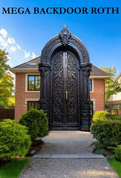 Large ornate black entrance door at a stylish suburban home surrounded by greenery and blue skies. Generative AI