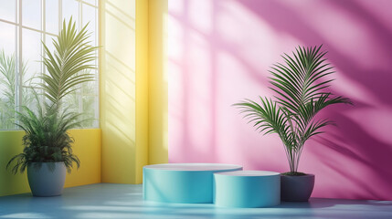 Obraz premium cosmetic geometrical podiums on bright elegant backgrounds with hard shadows and bright colors