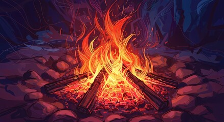 Abstract Line Art of a Camp Fire, Campfire, Nature, Modern Art, Messy Colorful Design
