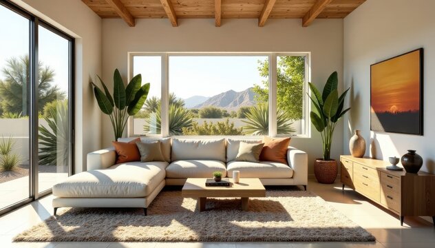 Fototapeta Sun-drenched Arizona living room, modern farmhouse style, large windows , sunlight, sofa