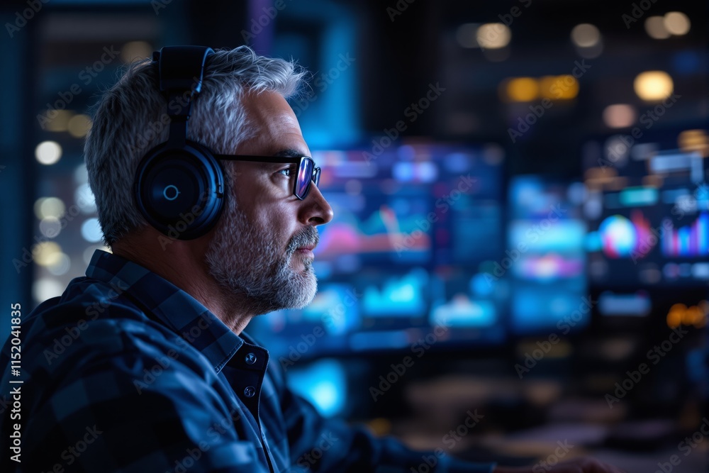 Aufkleber focused professional with headphones analyzing data on screen monitors in dark office background.