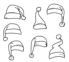 Santa hat hand-drawn line collection isolated on white background.Vector illustration