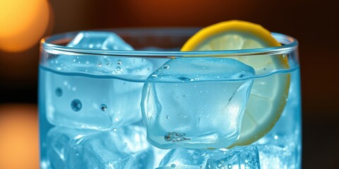 A Close-Up of a Glass Filled with Sparkling Blue Water, Ice Cubes, and a Slice of Lemon