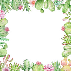 Watercolor cactus and succulent frame, tropical plants, botanical illustration
