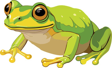 Green and yellow frog resting on white background