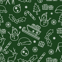 Christmas Seamless Pattern in Green with Hand-Drawn Doodle Elements - Vector Illustration