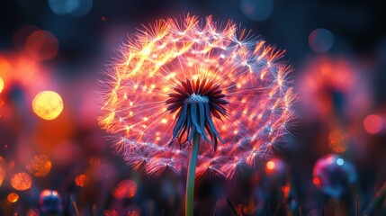 Glowing dandelion seed head at night with bokeh lights.