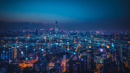 Obraz premium Smart digital city with connection cyber security network reciprocity over the cityscape . future smart wireless digital city and social media networking systems that connects people within the city