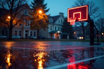 Rain-slicked court reflects distorted basketball hoop and backboard , asphalt, dark