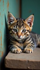 Sweet tabby kitten resting on weathered wooden surface, home, cute