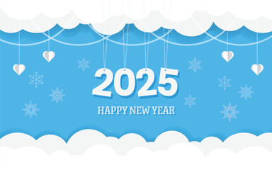 Naklejka premium Happy New Year 2025 design featuring hanging clouds and hearts on a blue background. Vector illustration