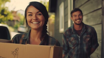 A woman carrying a cardboard box stands in front of a house with a cheerful smile as a man behind her shares a joyful expression. They appear excited about their new beginning and home.