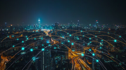 Fototapeta premium Smart digital city with connection cyber security network reciprocity over the cityscape . future smart wireless digital city and social media networking systems that connects people within the city