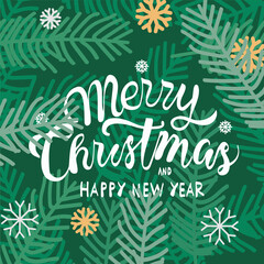 Merry Christmas and Happy New Year lettering with snowflake and green pine leaves and background.Vector illustration