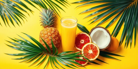 Tropical Delight A Refreshing Blend of Pineapple, Coconut, Orange, and Palm Leaves on a Sunny Yellow Background