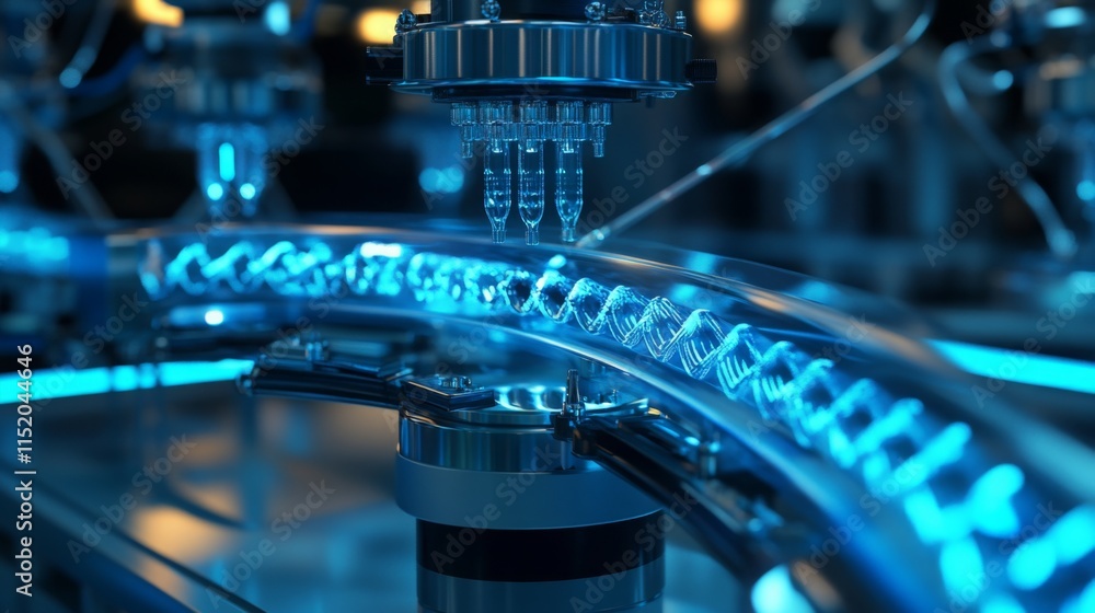 Poster in a biotechnology research facility, automated robotic systems are busily processing liquid samples