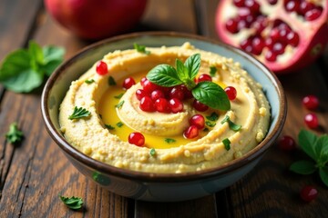 Creamy hummus, vibrant pomegranate seeds, fresh herbs , hummus, detail