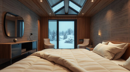 Modern bedroom with large bed, wood-paneled walls and ceiling, glass doors showing snowy landscape, and a sleek, minimalist media console.  Neutral beige and brown tones dominate.