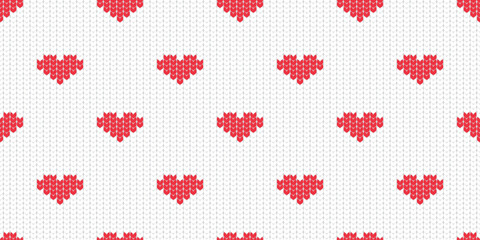 Beautiful seamless pattern with knitted texture. Red hearts on a white background. Print, vector illustration