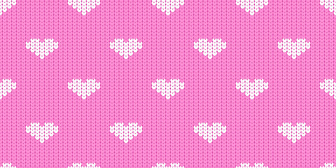 Beautiful seamless pattern with knitted texture. White hearts on a pink background. Print, vector illustration