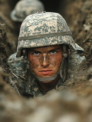 Fototapeta premium Soldier in muddy trench during military training exercise