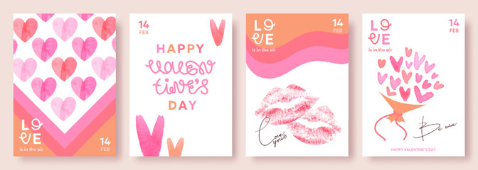 Fototapeta premium Set of Valentine's Day greeting cards, hand drawn watercolor modern romantic designs in pastel colors. Trendy templates, covers, banners, postcards for print, social media, gifts, invitation etc.