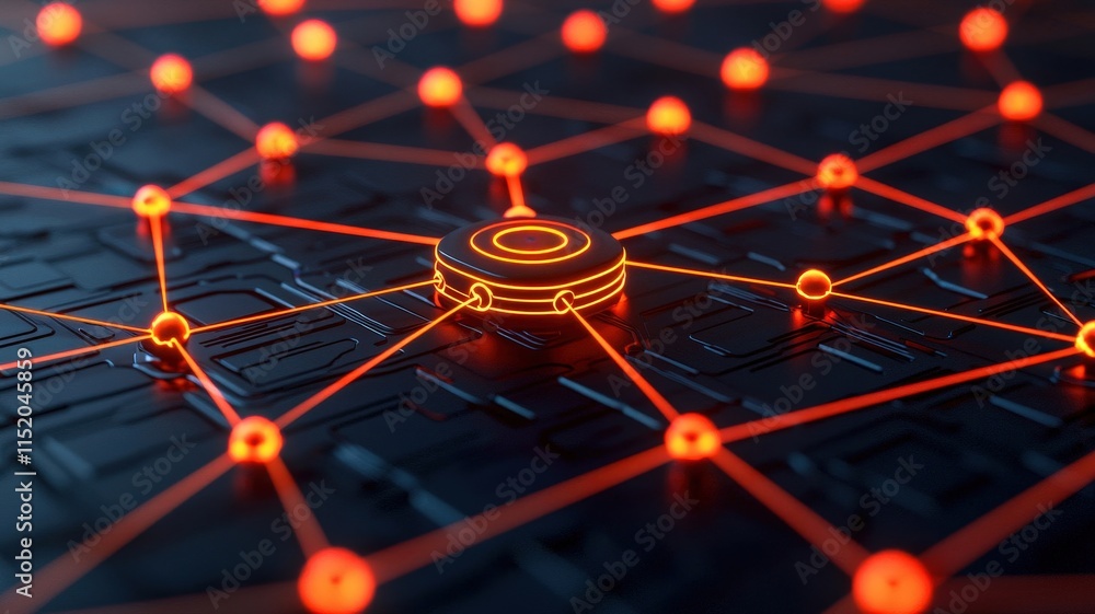 Poster a futuristic network visualization with glowing orange nodes and connections, symbolizing technology