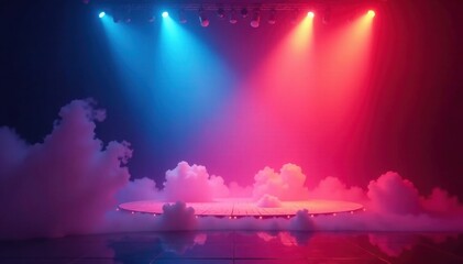 Fog-shrouded stage, vibrant spotlights highlight unseen product, color, colored lights