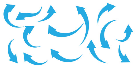 blue flat curved arrow icon sheet. diffrent arrow indicators symbols isolated vector illustration