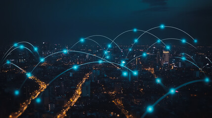 Obraz premium Smart digital city with connection cyber security network reciprocity over the cityscape . future smart wireless digital city and social media networking systems that connects people within the city