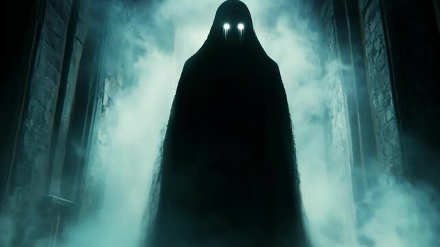 A cloaked entity looms in the mist, creating a chilling, eerie atmosphere.