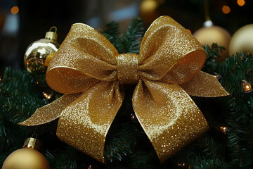 A beautifully decorated Christmas tree adorned with a large, elegant bow as the centerpiece, surrounded by festive ornaments and warm holiday lights. 
