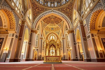 Obraz premium Ornate interior of a grand mosque with golden decor and intricate geometric patterns.