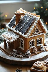 Gingerbread house with solar panels festive kitchen food art cozy environment close-up view sustainable concept