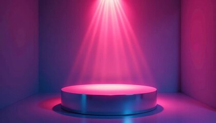 Sleek chrome podium, glowing abstract backdrop, dark, cyberpunk