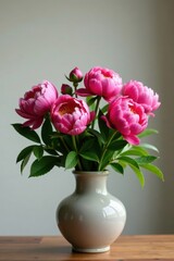 Full bloom peonies, lush greenery in ceramic vase, high resolution, beauty