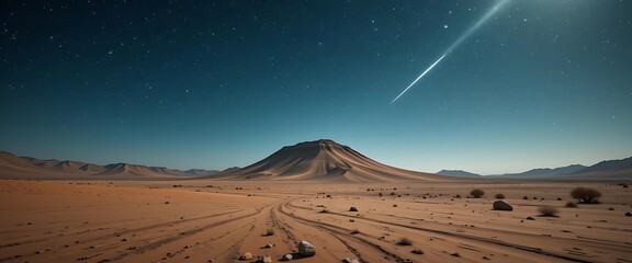 Meteor Streaking Over Desert Landscape with Sand Dunes and Mountains