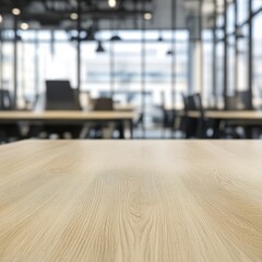 A light wooden table top is shown with a blurred office scene in the background, creating an ideal setting for product presentation.