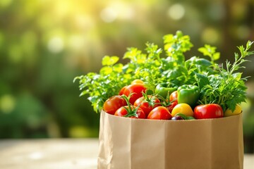 Fresh vegetables and herbs in a paper bag under sunlight.