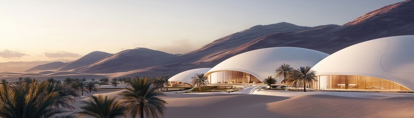 A futuristic scene showcasing sleek, dome-shaped architecture nestled in a desert landscape, framed by mountains and palm trees under a serene sky.