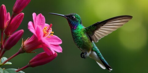 Fototapeta premium Emerald green hummingbird near fuchsia flower, blurred background, hover, blur