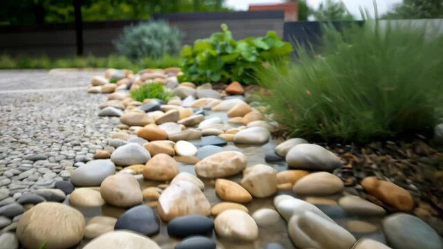 Vibrant Garden Path with Stones and Lush Greenery in Outdoor Landscape Setting