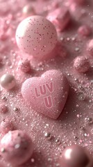 Elegant pink heart-shaped decorations with the inscription 'LUV U,' surrounded by glitter, blossoms, and textured elements, ideal for romantic and festive design projects