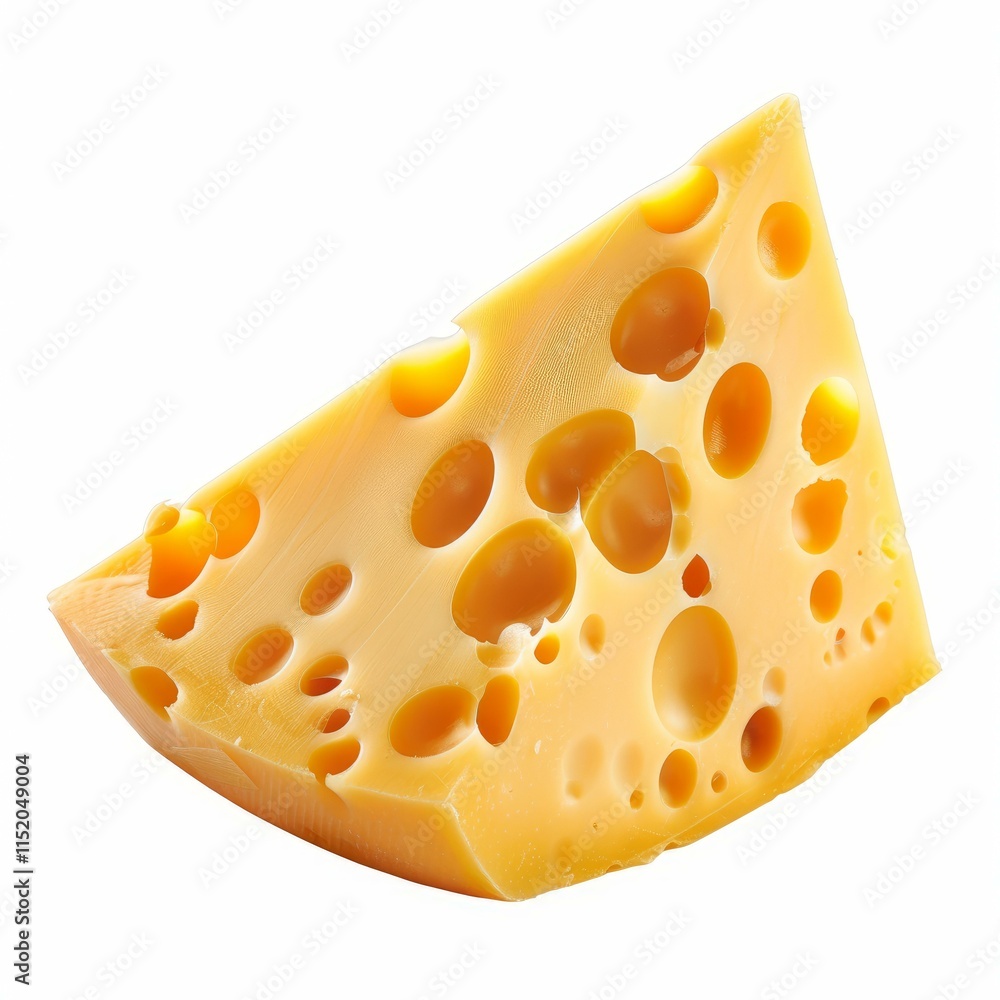 Poster triangular slice of swiss cheese with characteristic holes, isolated on white background