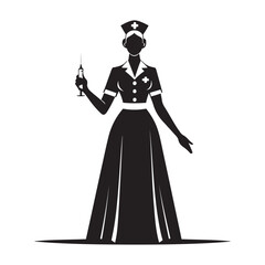 Nurse holding a syringe silhouette vector art black color design and solid white background