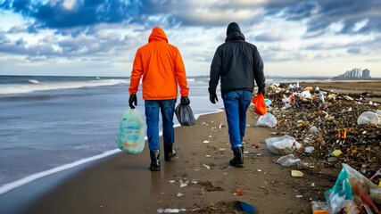 Volunteers Cleaning Trash Along Shoreline on a Cloudy Day